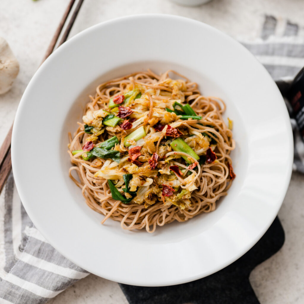Plate of azuki soy spaghetti with fried cabbage