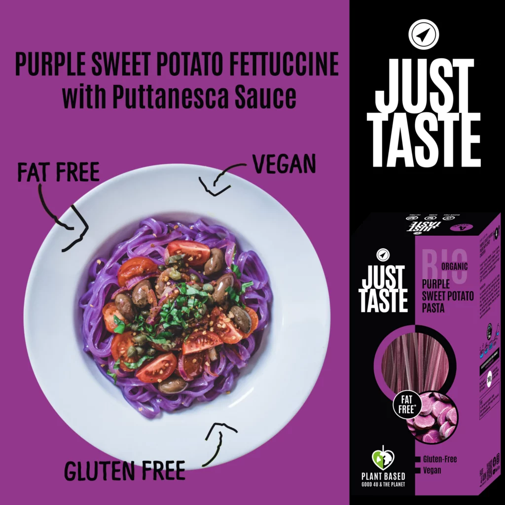 JT_amazon_2024_Rezept-lila Ingredients Purple Sweet Potato Fettucine with Puttanesca Sauce